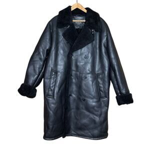 NEW Guess Mens Faux Black Leather‎ Long Faux Fur Shearling Lined Coat Sz L $350